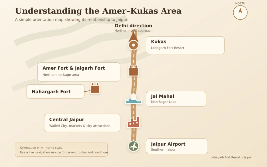 amerkukasjaipurlocationmap Lohagarh Fort Resort Illustrative map showing Lohagarh Fort Resort in Kukas in relation to Amer Fort Jal Mahal central Jaipur and Jaipur Airport