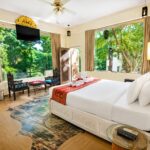 Bright hotel room with a carved white bed red decorative runner and swan towels on the duvet large windows overlook green trees