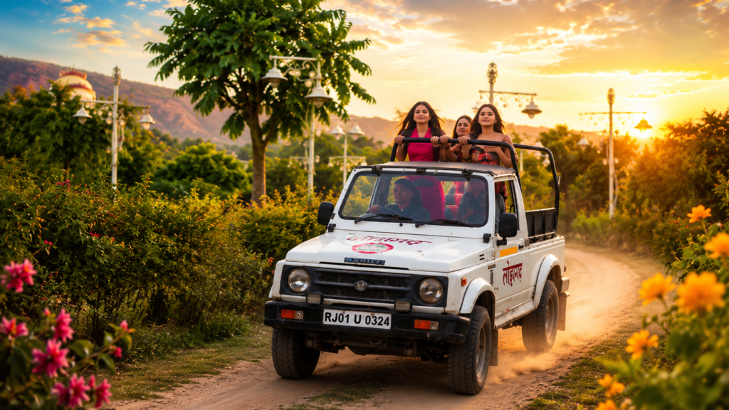 Open top white off road jeep with four smiling passengers riding along a dusty flower lined road at sunset by a garden